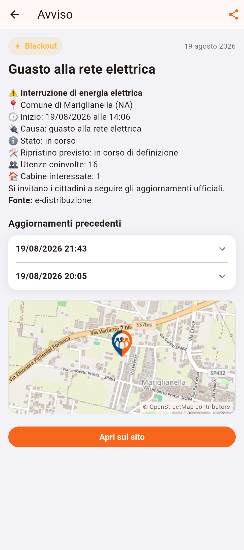 Avviso di blackout nell'app Civitas